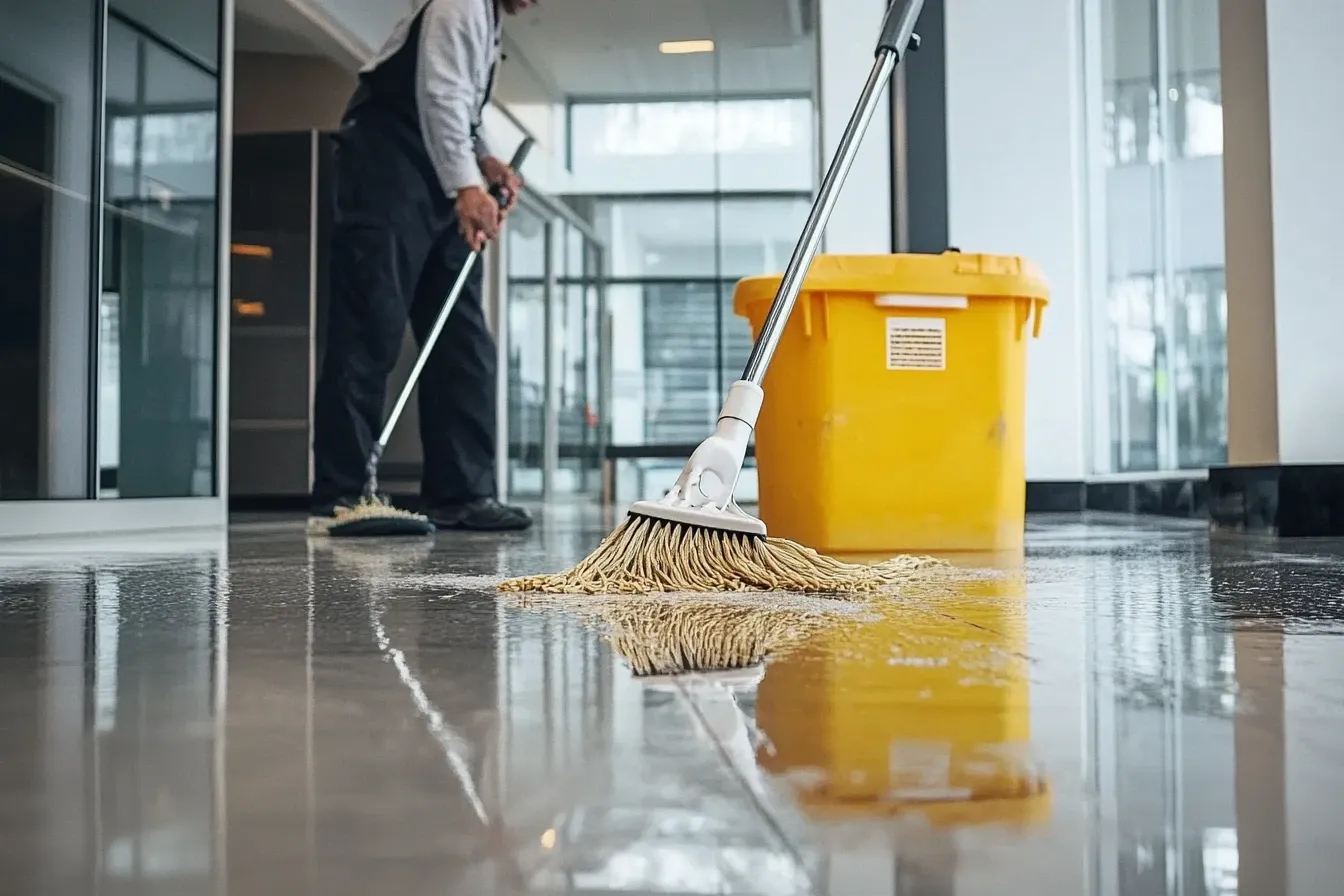 Mopping av eit blankt golv ved ei gul vaskebøtte