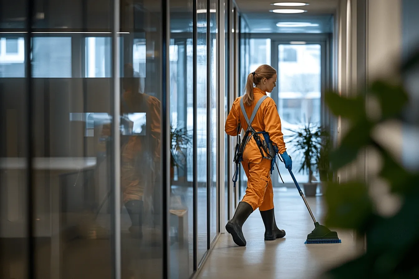 Reinhaldar i oransje drakt vaskar ein kontorgang