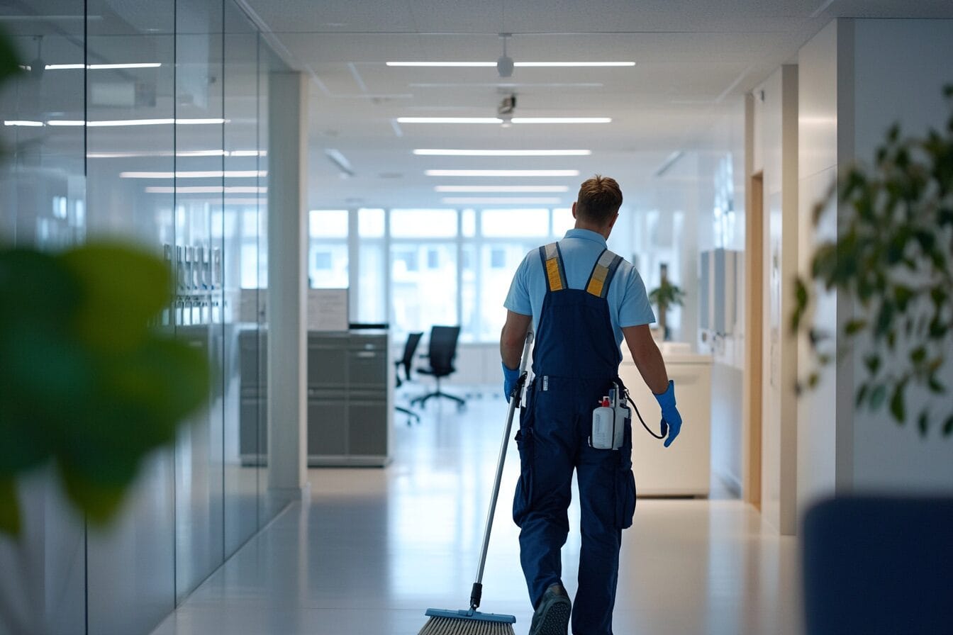 Reinhaldar i blå arbeidsklede og hanskar går gjennom ein lys kontorgang med kost